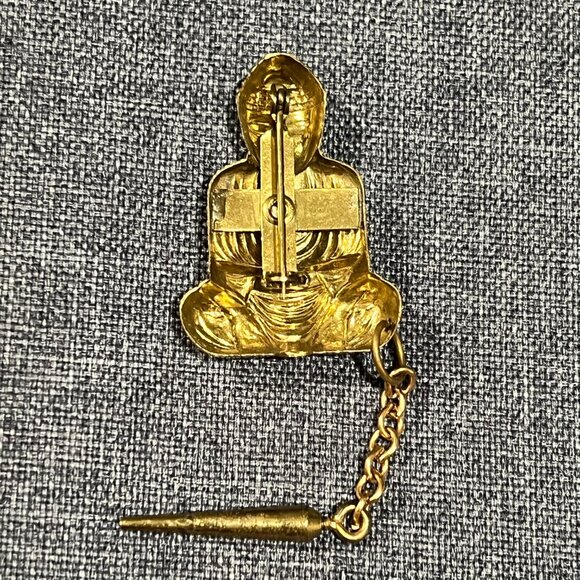Vintage Buddha Tie Clip Gold Tone Tie Tack with Chain & Drop Bar Men’s Accessory - Picture 3 of 7